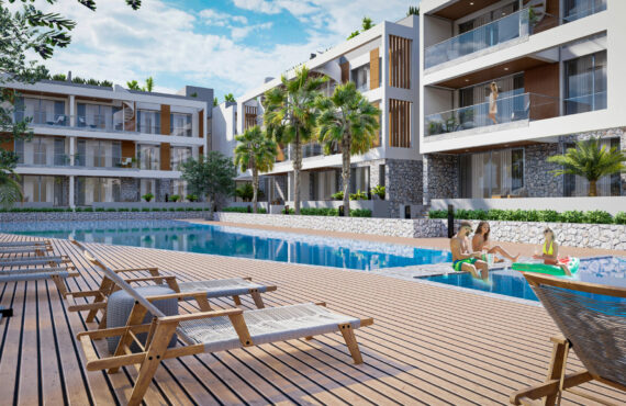 Discover the epitome of luxury living in Northern Cyprus at Olive Hill, situated in the scenic region of Alsancak, west of Kyrenia. These upscale 2+1 apartments, totaling 90 units, promise breathtaking views of both the mountains and the sea. Each apartment is thoughtfully designed to offer private gardens, balconies, and terraces, ensuring residents can soak in the captivating sunrises and sunsets of the Mediterranean. Olive Hill's prime location is just a stone's throw away from the esteemed Necat British College. A mere 10-minute drive will take you to the heart of Kyrenia, a city renowned for its rich history and vibrant culture. Convenience is at the forefront, with essential amenities such as hospitals, markets, fuel stations, eateries, pharmacies, salons, shops, and entertainment hubs all within easy reach. For those who cherish beach days, the Camelot Beach Club, one of Kyrenia's most beautiful beaches, is within walking distance. Other nearby attractions include the Merit Hoteller area, the American University and colleges of Girne, Alsancak's Freedom Park, Lapta's pedestrian zone, and the Escape Beach Club. Scheduled for completion in the 2nd quarter of 2024, each apartment boasts top-tier finishes. The kitchens are equipped with Bosch appliances, Lapitec/Italstone countertops, and high-quality laminates. Residents will enjoy the luxury of IP intercoms, central satellite TV, and internet. The interiors are adorned with high-grade laminated parquet floors, natural marble on balconies, ceramic-coated terraces, and double-glazed heat-insulated aluminum windows. The bathrooms are designed with modern aesthetics, featuring suspended toilets, vanities, flat showers, and tempered glass cabinets. Safety is paramount, with a CCTV camera system, barrier system, and a central generator system in place. The communal amenities are equally impressive. Dive into the expansive adult pool or let the little ones splash around in the children's pool. The park area, surrounded by olive trees spanning 2000m2, offers a serene escape. The landscape design, coupled with a children's playground, ensures that residents of all ages have spaces to relax and play. For those considering a Northern Cyprus investment, Olive Hill is not just a residence; it's a lifestyle. Experience the allure of the Mediterranean, combined with modern comforts and conveniences, right at your doorstep.